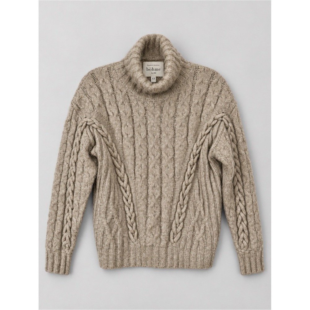 Bohme Chunky Braided Cable Knit Cowl Neck Sweater XS Cozy Scandi Soft Girl New